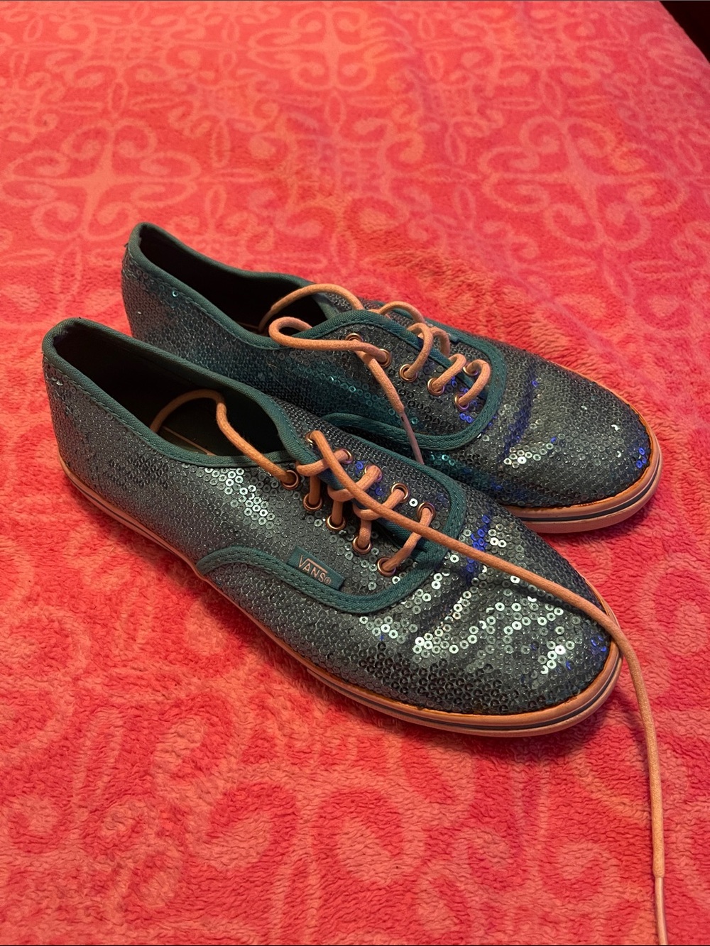 Vans Teal Sequin Low-Top Sneakers with Pink Laces